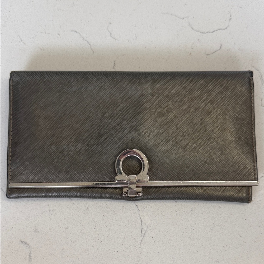 Authentic Ferragamo Elegant Black/Grey Wallet with Silver Accent